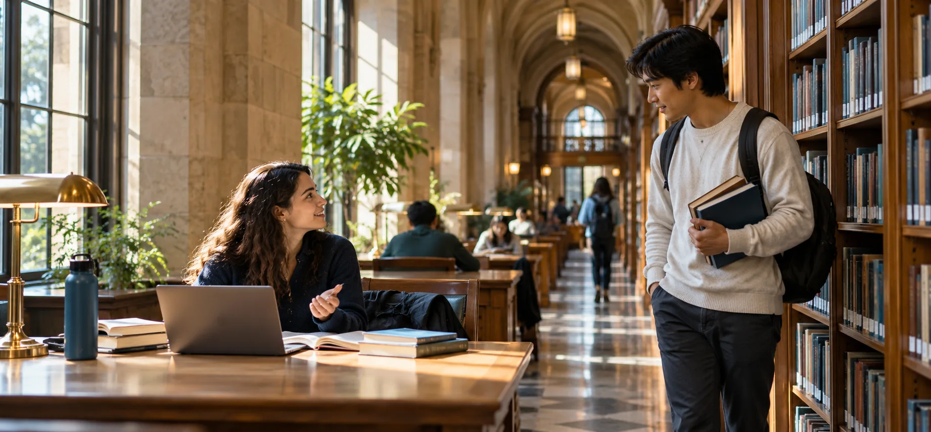 A sunlit university library where students can ask questions