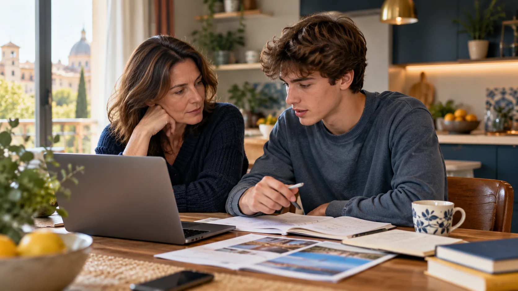 A parent and student talking through university choices